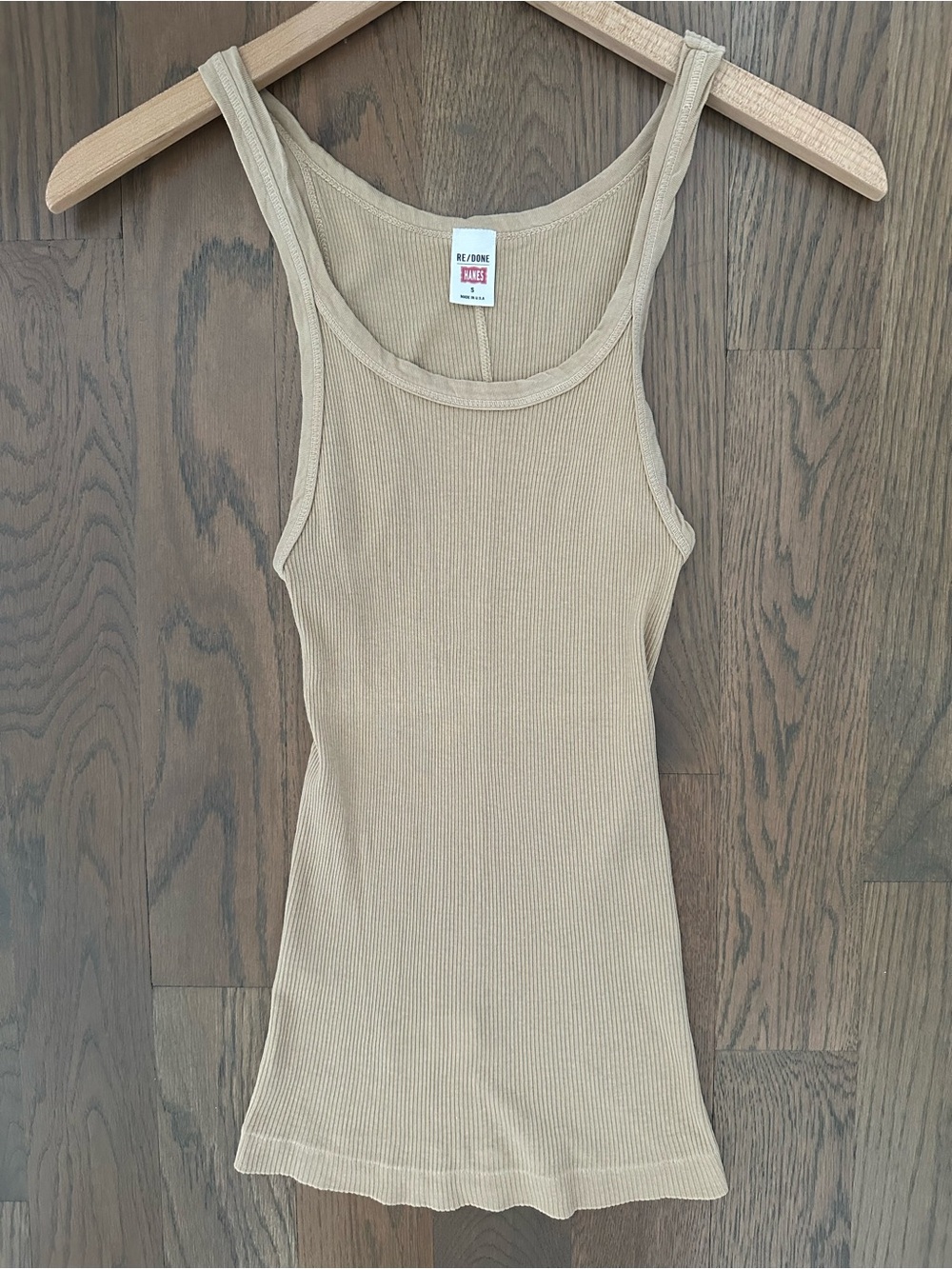 Re/Done Hanes Ribbed Scoop Neck Fitted Sleeveless Tank in Sand Tan Small